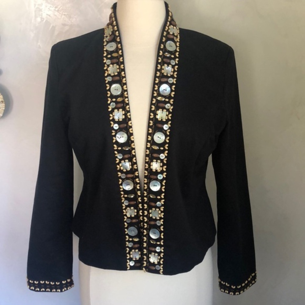 Willi Smith Black 100% Cotton Blazer w/bead,crystal & button detail Size 8